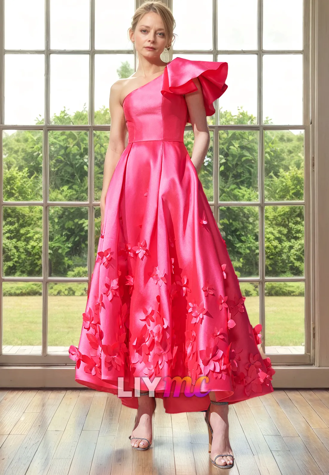 Asymmetrical Sleeves Floral Embellished Pleated A-Line Mother of Bride Dress Cocktail Dress