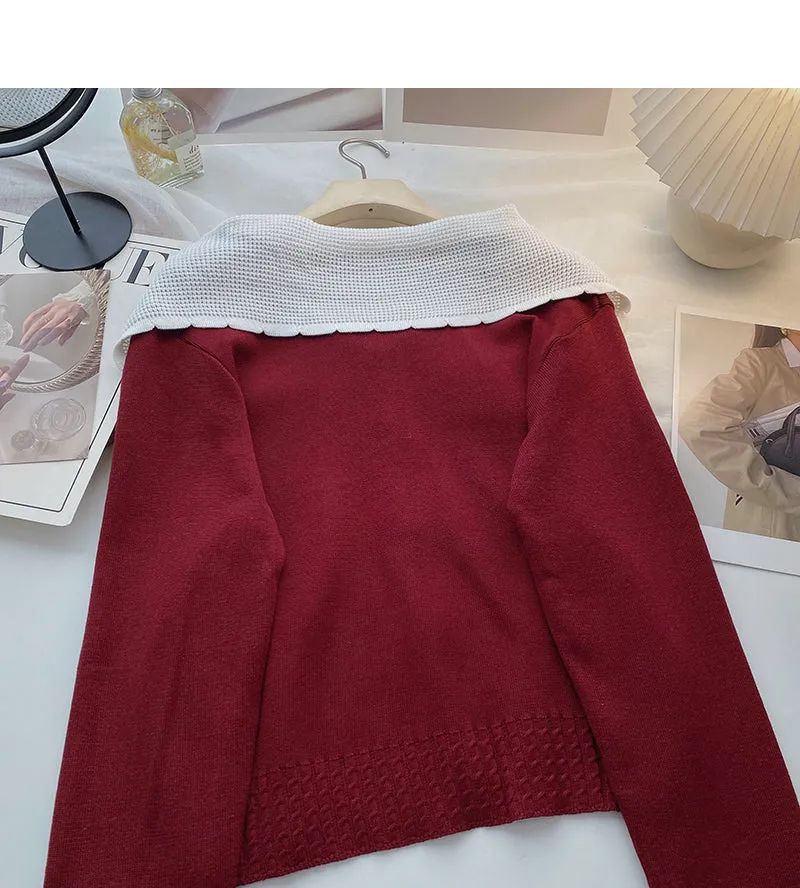 Baby collar long sleeve Vintage sweater single breasted top  6517