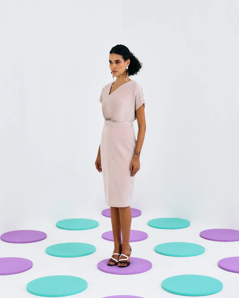 Beige Classic Pleated Dress