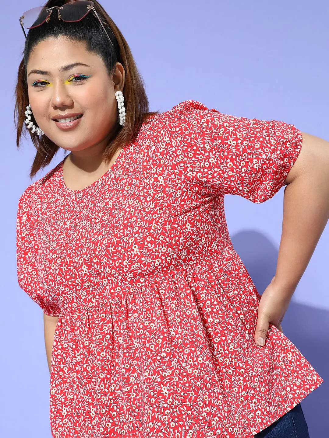 Berrylush Women Plus Size Red & White Floral Printed Round Neck Button-Up Crepe Pleated Regular Top