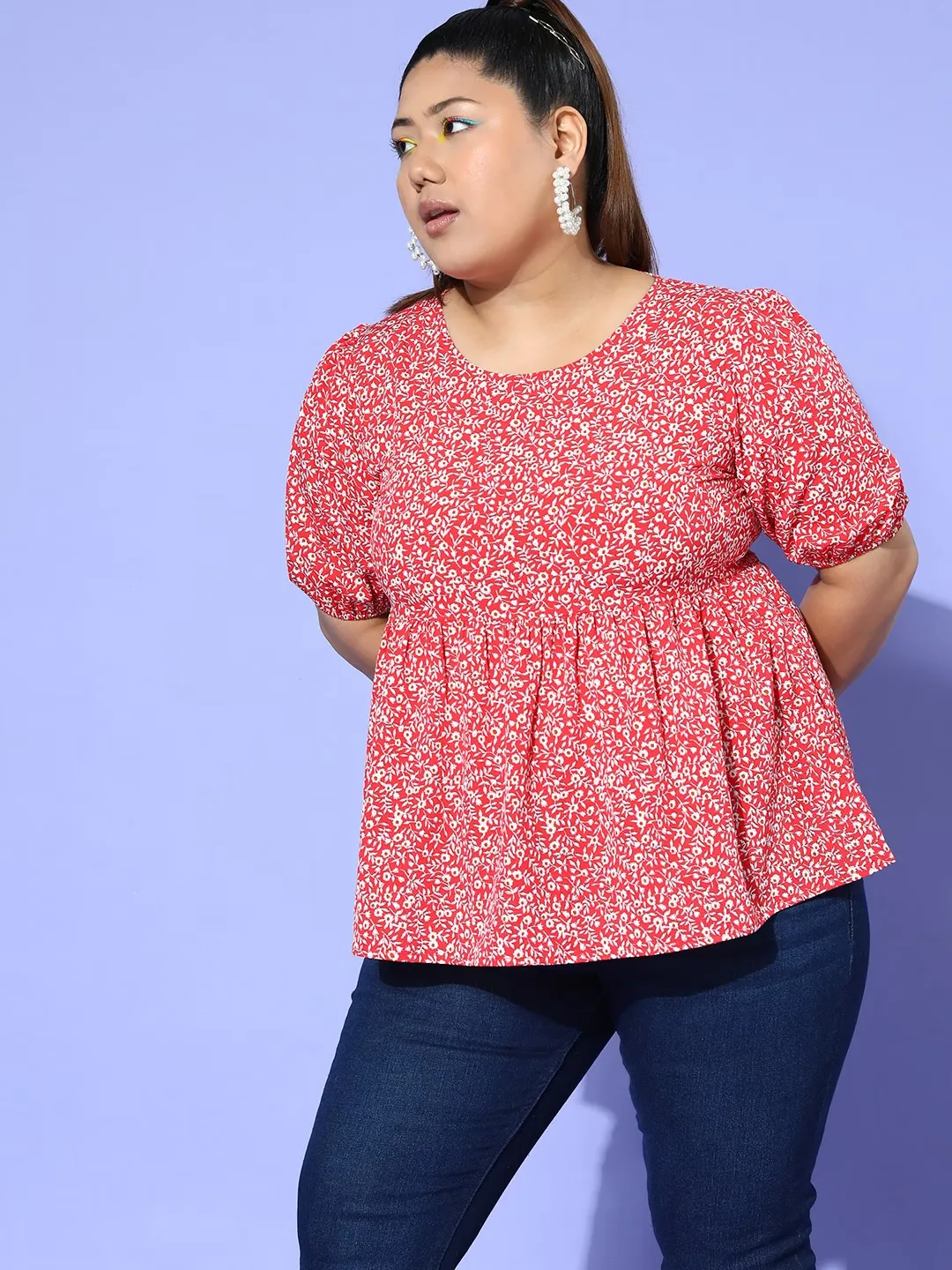 Berrylush Women Plus Size Red & White Floral Printed Round Neck Button-Up Crepe Pleated Regular Top