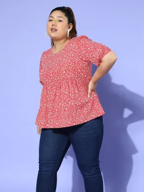 Berrylush Women Plus Size Red & White Floral Printed Round Neck Button-Up Crepe Pleated Regular Top