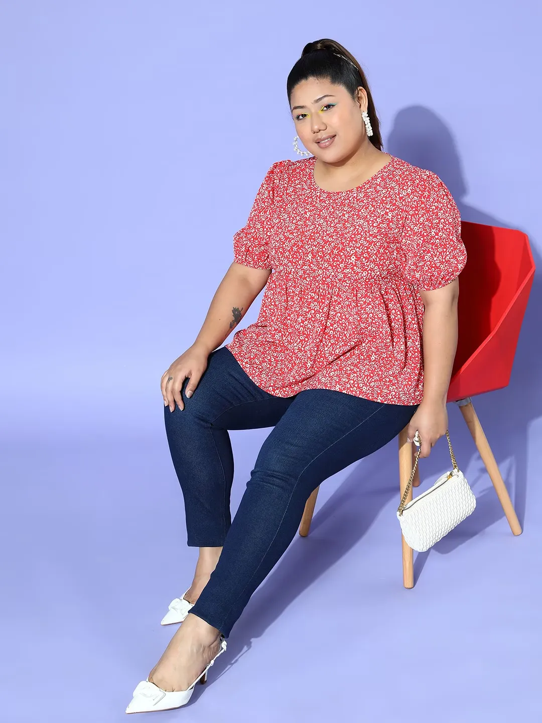 Berrylush Women Plus Size Red & White Floral Printed Round Neck Button-Up Crepe Pleated Regular Top