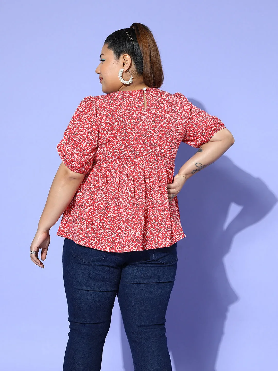 Berrylush Women Plus Size Red & White Floral Printed Round Neck Button-Up Crepe Pleated Regular Top