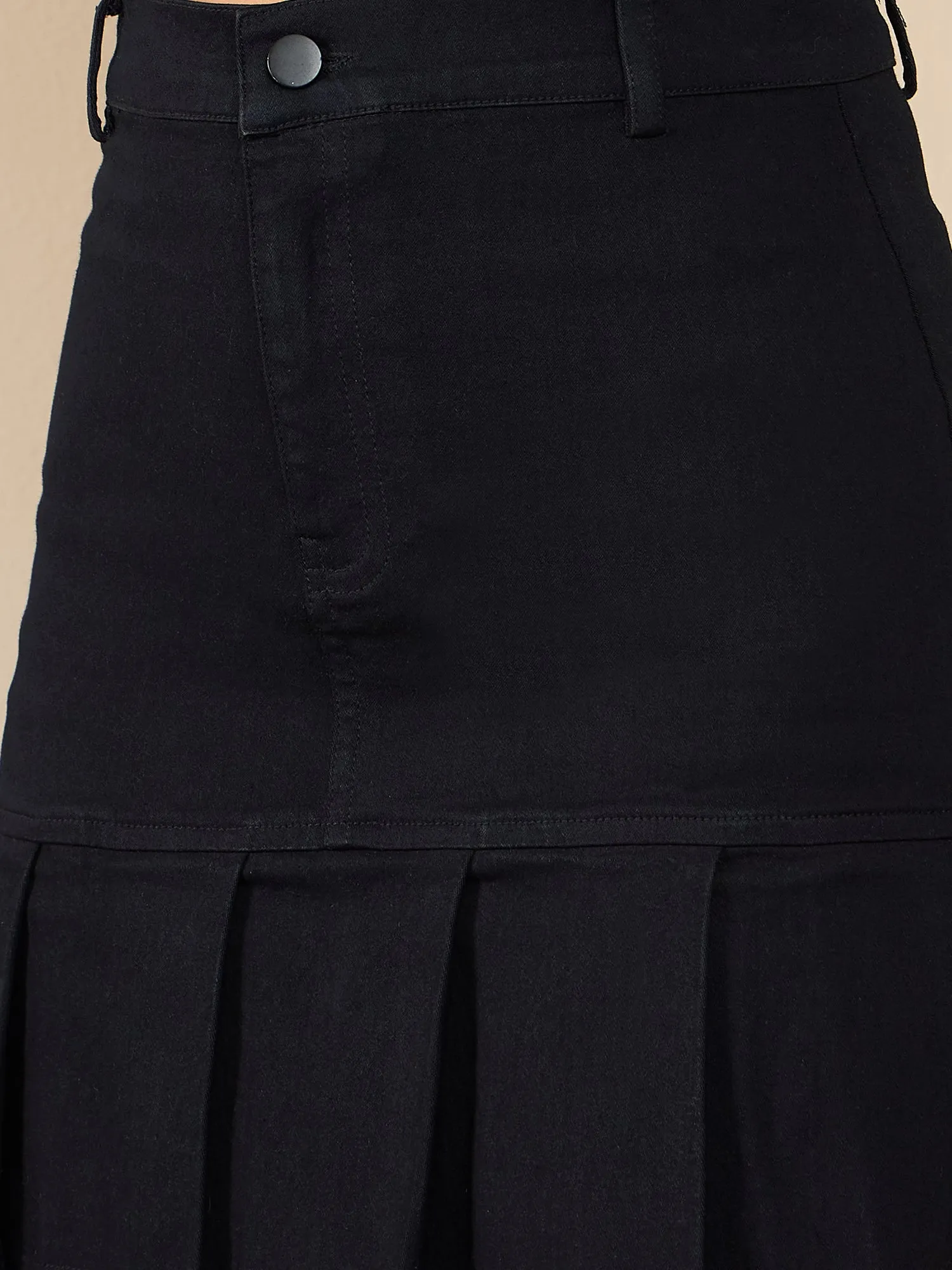 Black Denim Pleat Detail Skirt