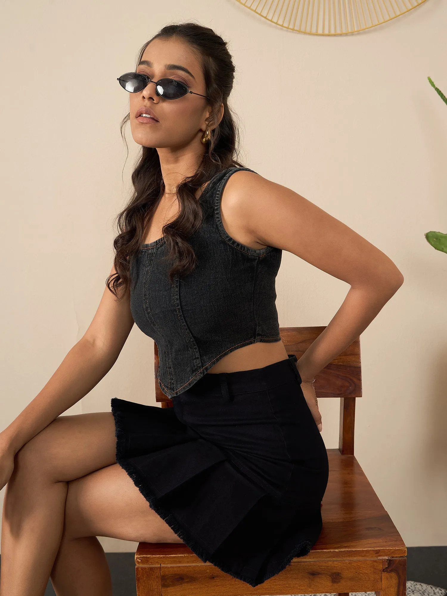 Black Denim Pleat Detail Skirt