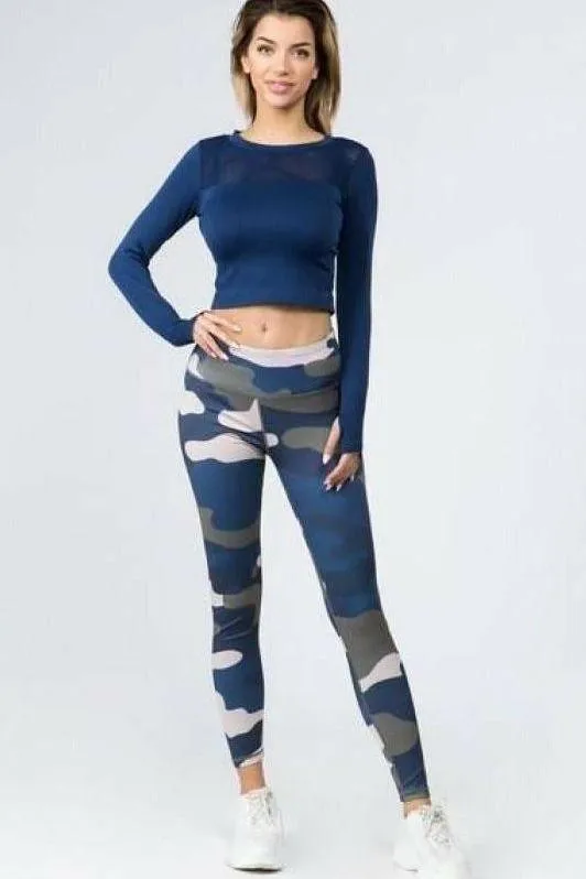 Blue Camouflage Print Leggings with Hidden Pocket