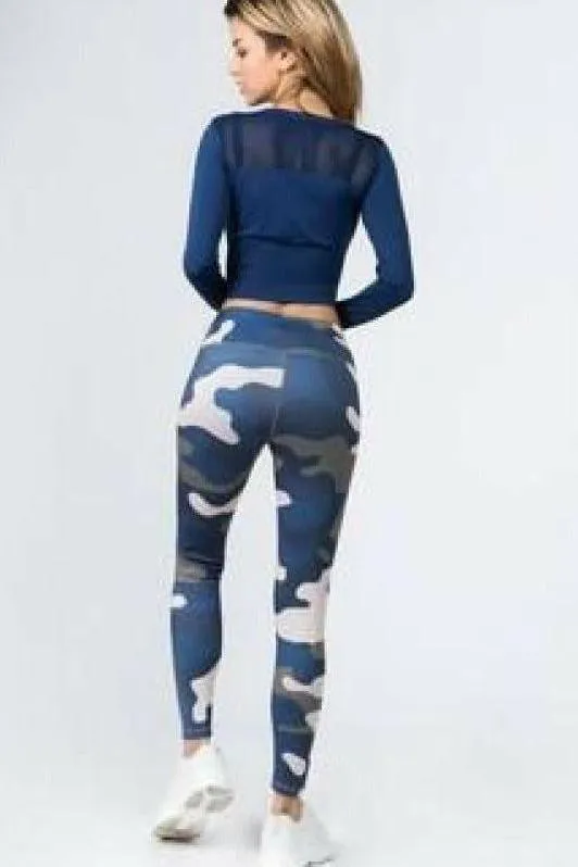 Blue Camouflage Print Leggings with Hidden Pocket