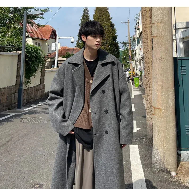 Chicmy-Long Dust Coat Men Winter Korean-style Trench Mens Solid Double Breasted Woolen Cloth Coat Loose Casual Trenchcoat Outwear
