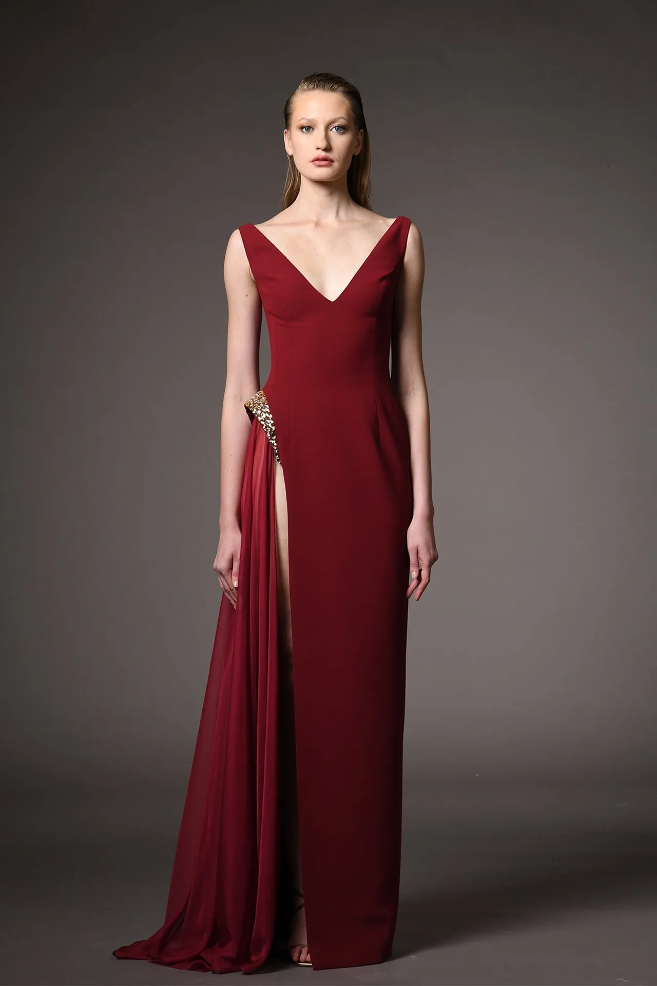 Crepe and Chiffon Sleeveless Column Dress