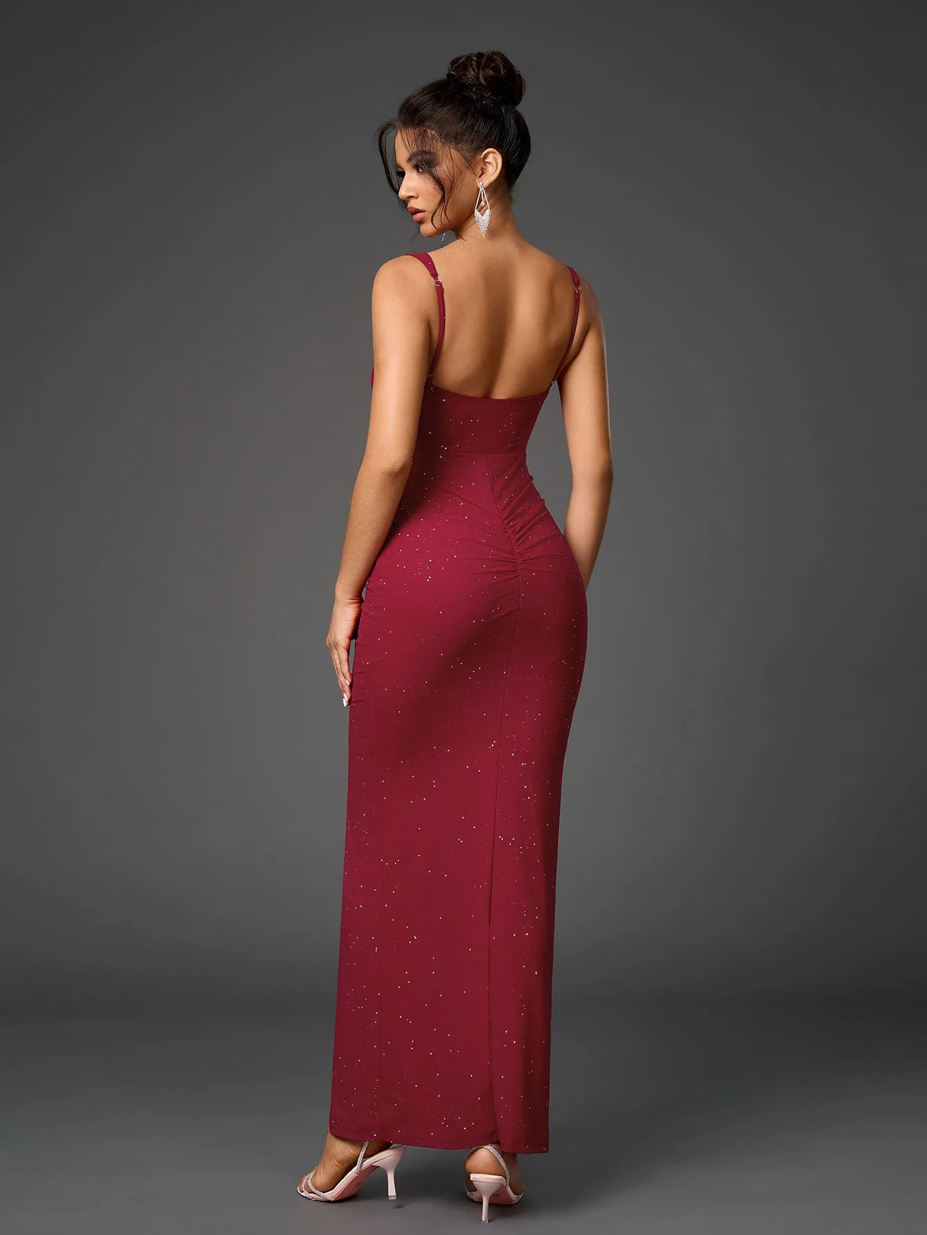 Cut Out Flounce Trim Ruched Glitter Mesh Dress