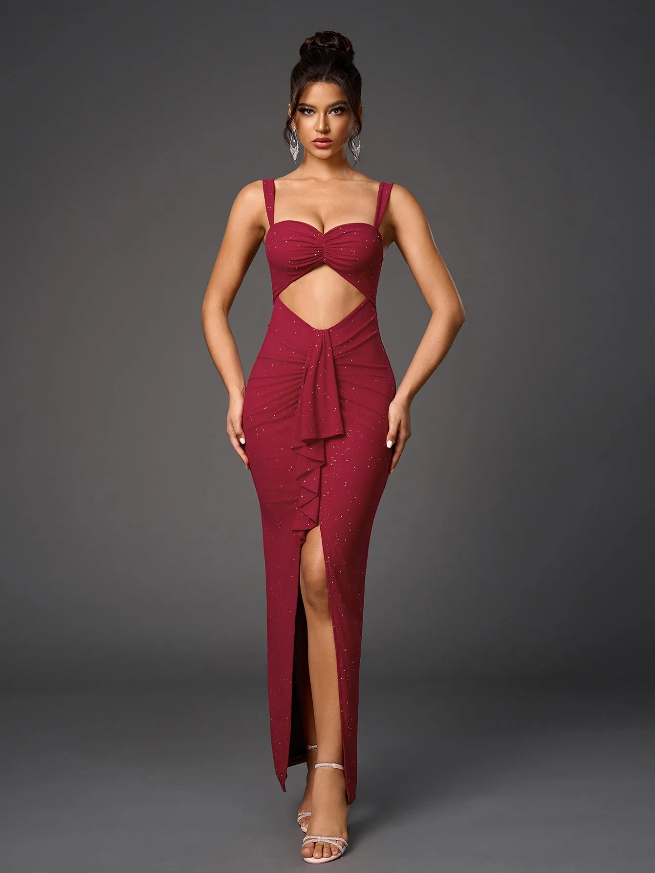 Cut Out Flounce Trim Ruched Glitter Mesh Dress
