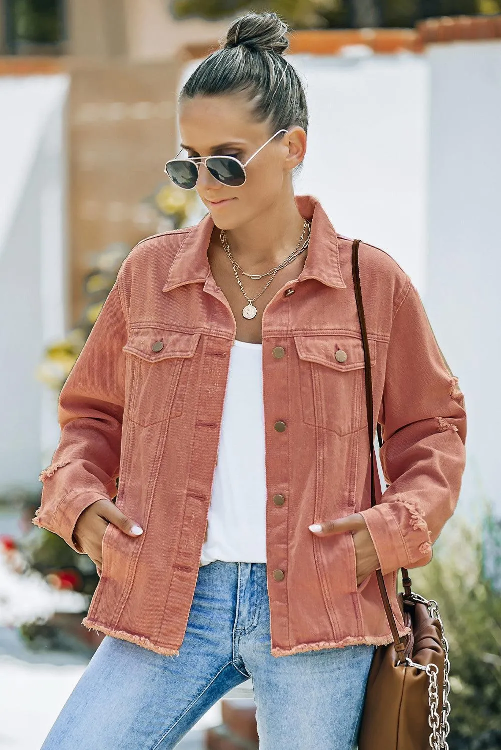 Distressed Cropped Denim Jacket with Edgy Raw Hem