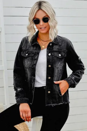 Distressed Cropped Denim Jacket with Edgy Raw Hem
