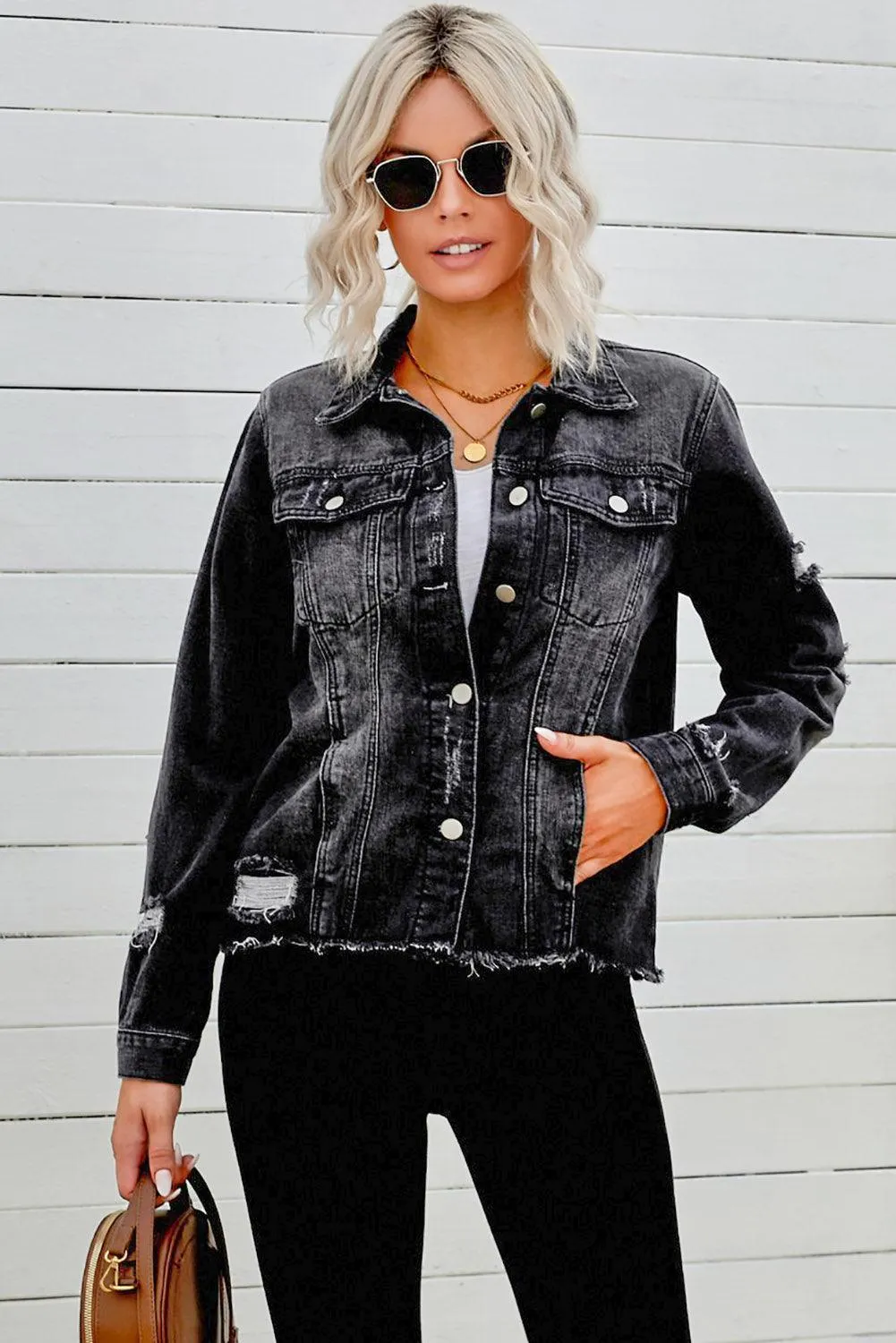 Distressed Cropped Denim Jacket with Edgy Raw Hem
