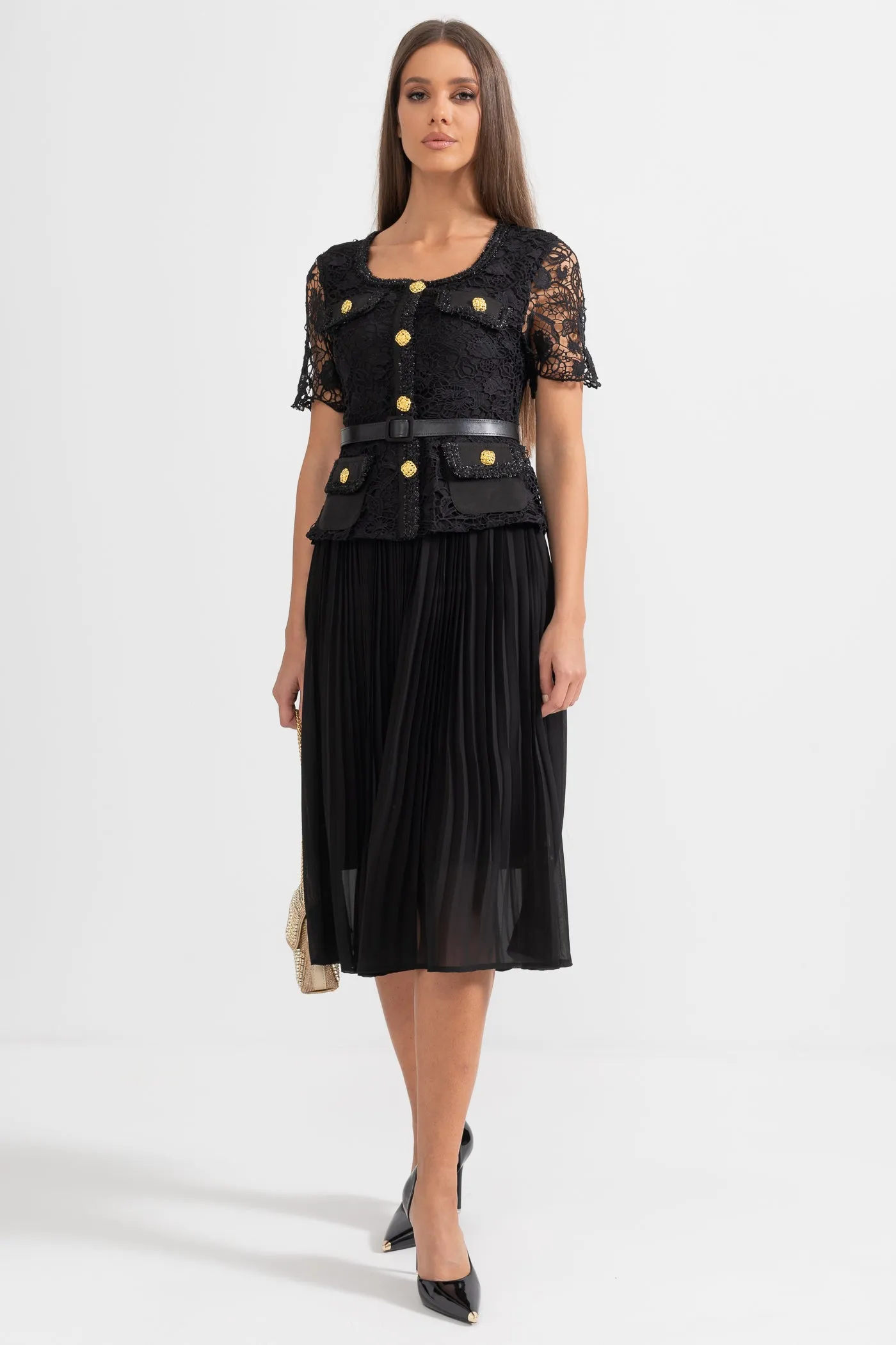 Elegant Short Sleeved Dress With Lace Top And Flared Skirt - Black
