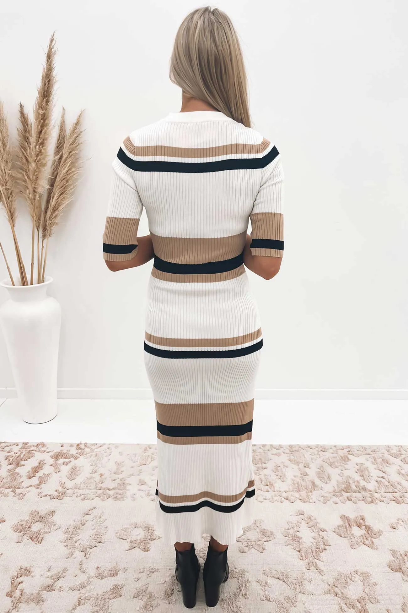 Freya Knit Midi Dress White Beige Black