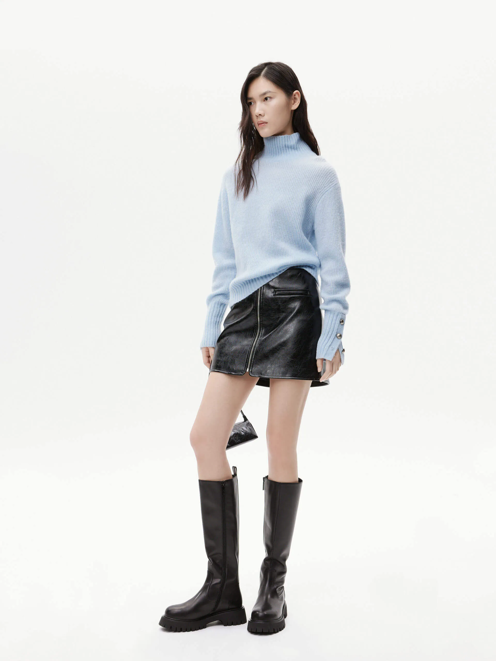 Front Zipper Leather Skirt