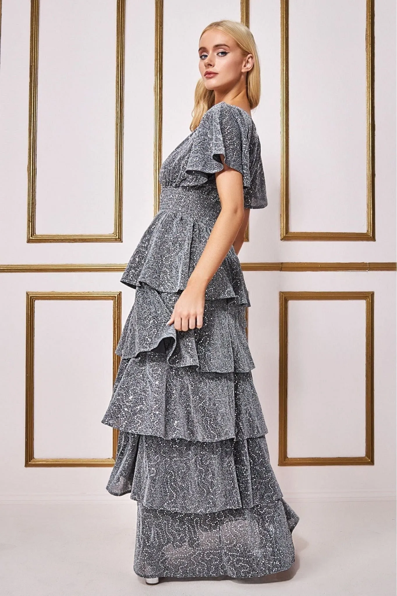 Goddiva Sequin Lurex Tiered Maxi Dress - Silver