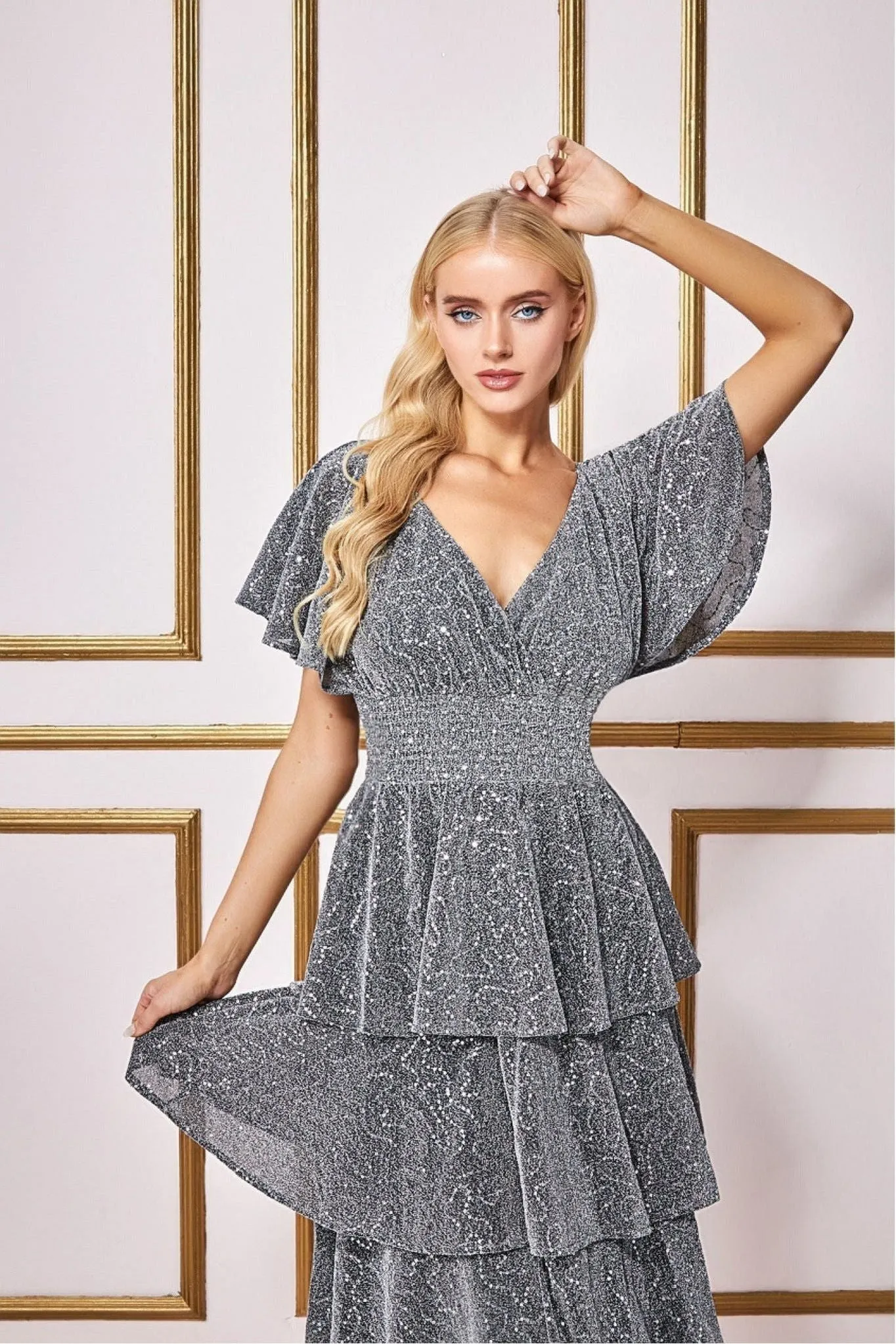 Goddiva Sequin Lurex Tiered Maxi Dress - Silver
