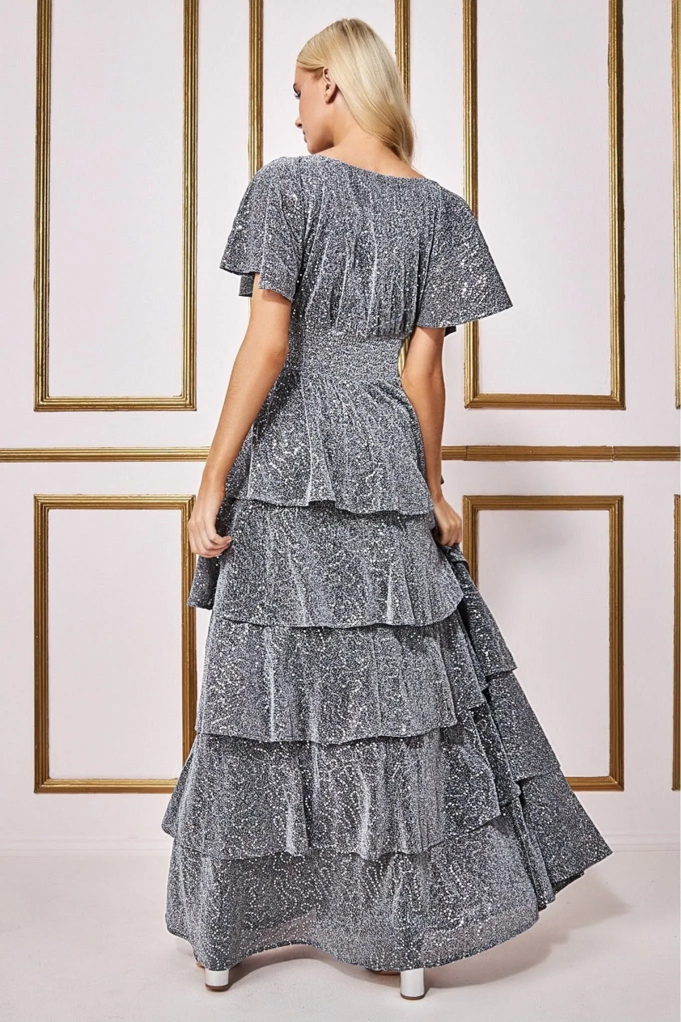 Goddiva Sequin Lurex Tiered Maxi Dress - Silver
