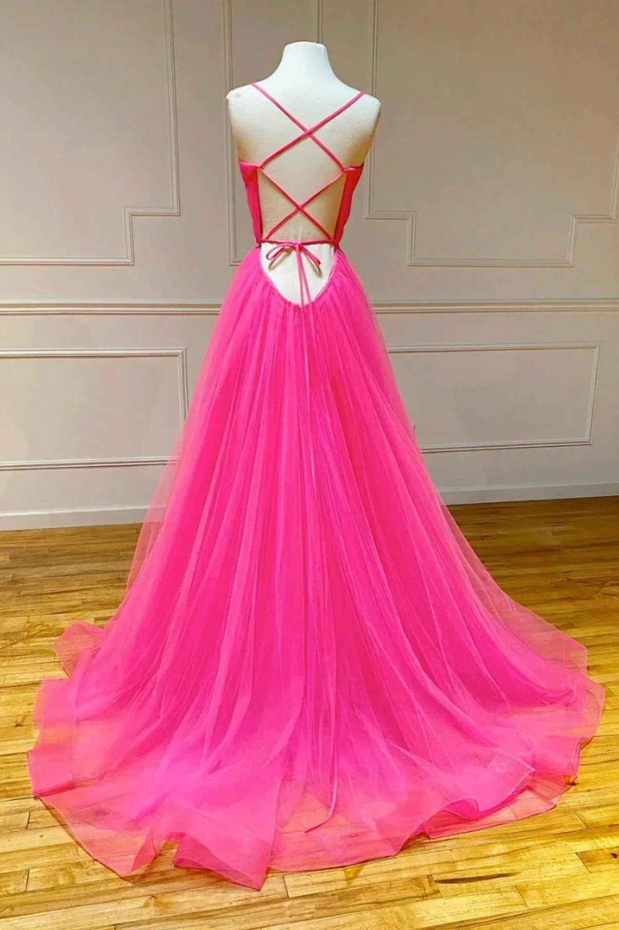 Hot Pink Tulle Long Prom Dress, Beautiful A-Line Backless Evening Dress