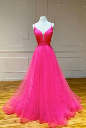Hot Pink Tulle Long Prom Dress, Beautiful A-Line Backless Evening Dress