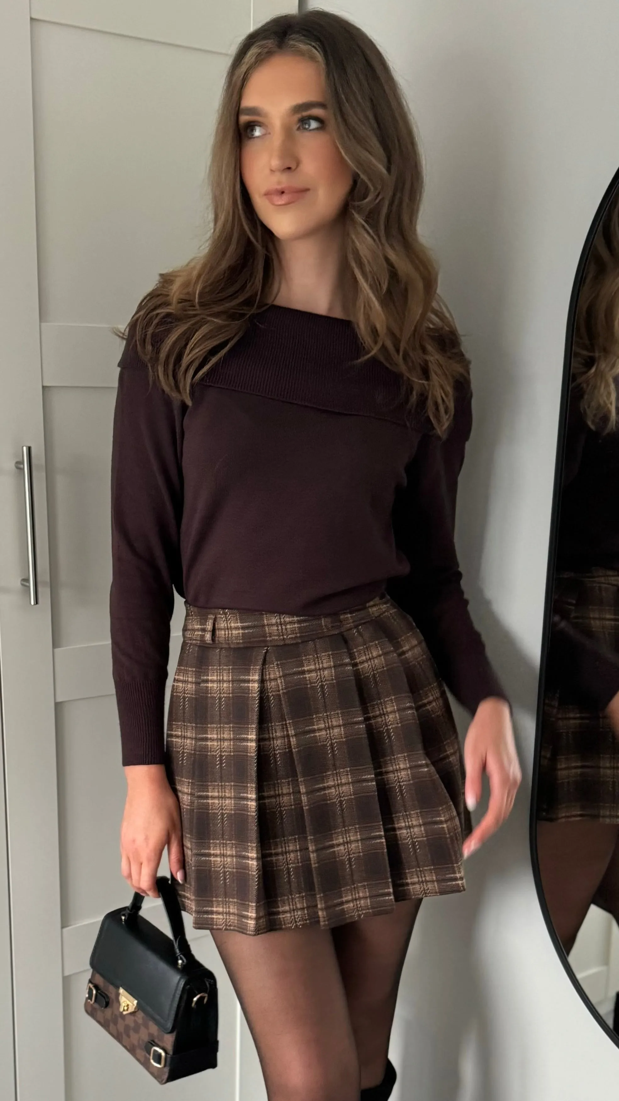 Lisa Brown & Beige Checked Pleated Detail Mini Skirt