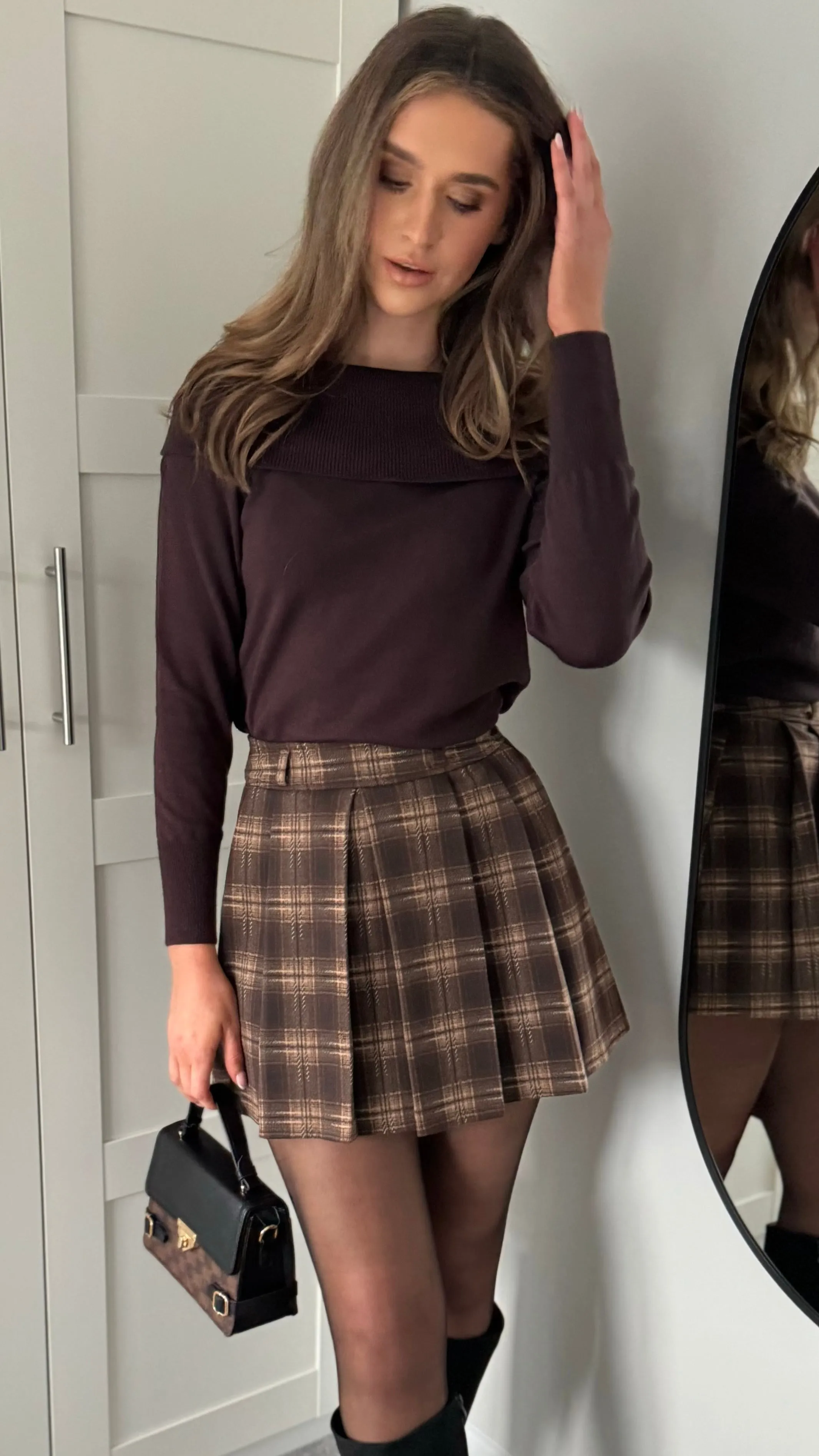 Lisa Brown & Beige Checked Pleated Detail Mini Skirt