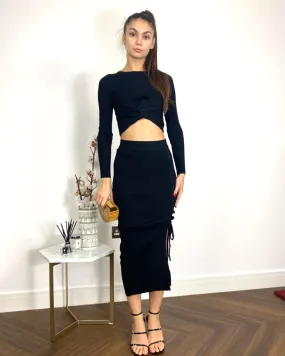 Long Sleeve Knit crop top with side lace up midi skirt co-ords in black