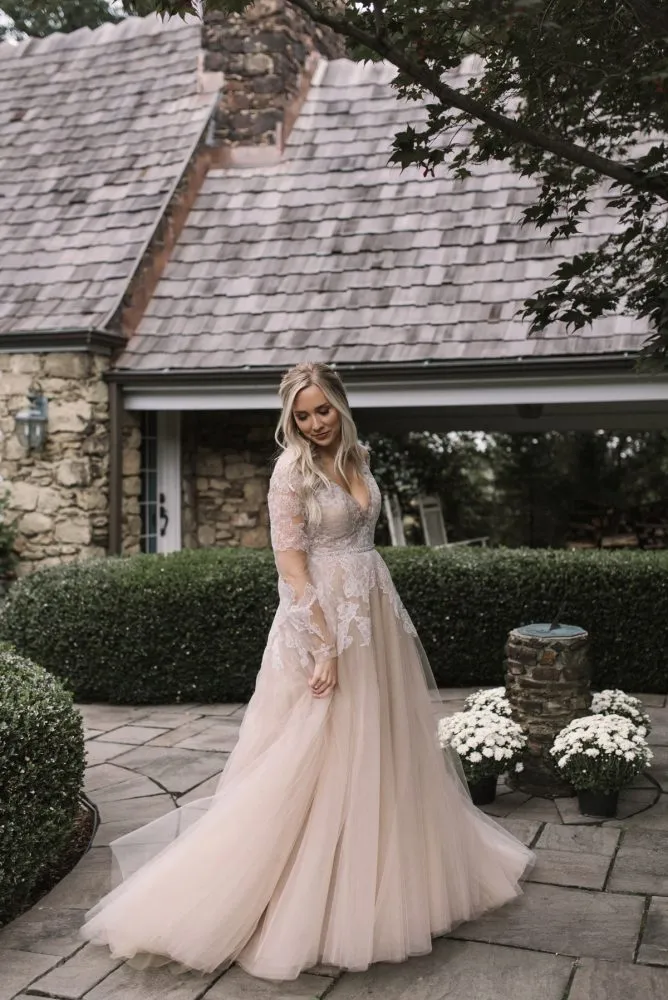 Long Sleeve Lace Low Back Plus Size Wedding Dress
