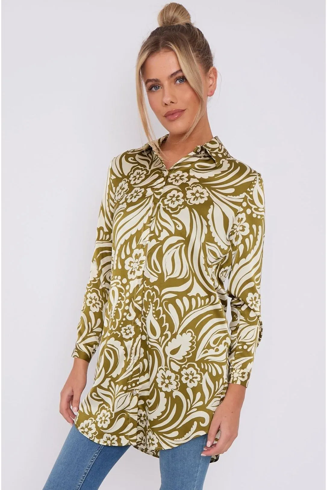 LOVE SUNSHINE Olive Green Paisley Print Satin Long Shirt