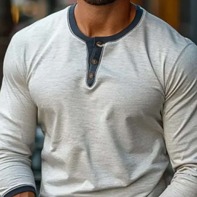 Men's Casual Colorblock Henley Collar Long-Sleeved T-Shirt 98182463Y