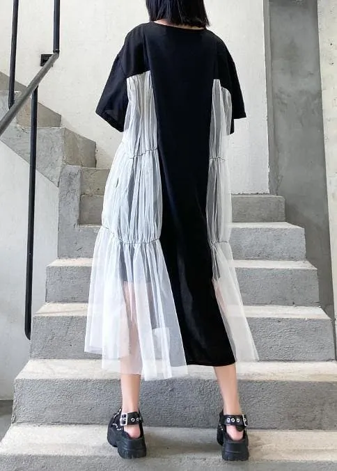Natural black cotton quilting clothes o neck patchwork tulle Robe summer Dresses