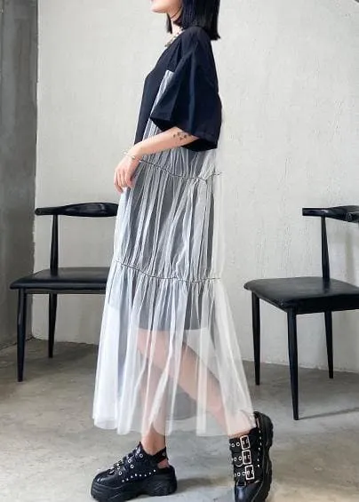Natural black cotton quilting clothes o neck patchwork tulle Robe summer Dresses