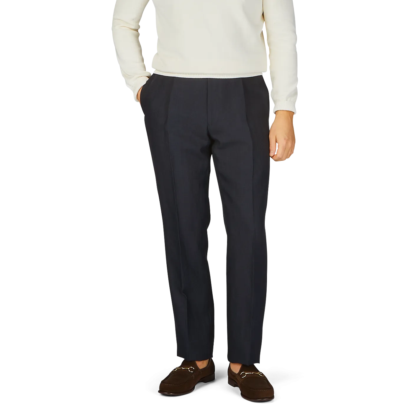 Navy Blue Pure Linen Pleated Trousers