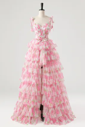Pink Spaghetti Strap Rose Pattern Long Prom Dress with Removable Skirt