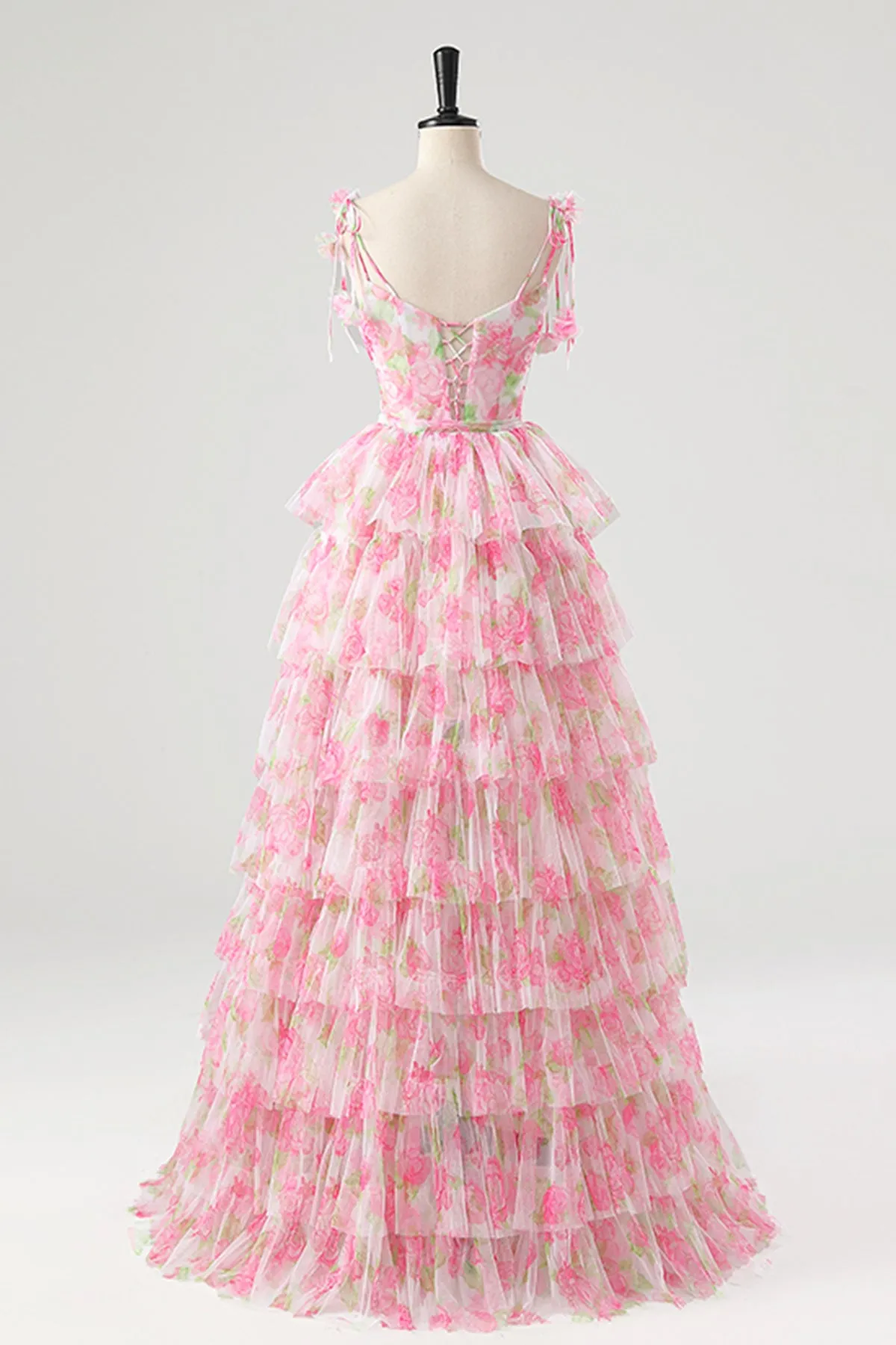 Pink Spaghetti Strap Rose Pattern Long Prom Dress with Removable Skirt