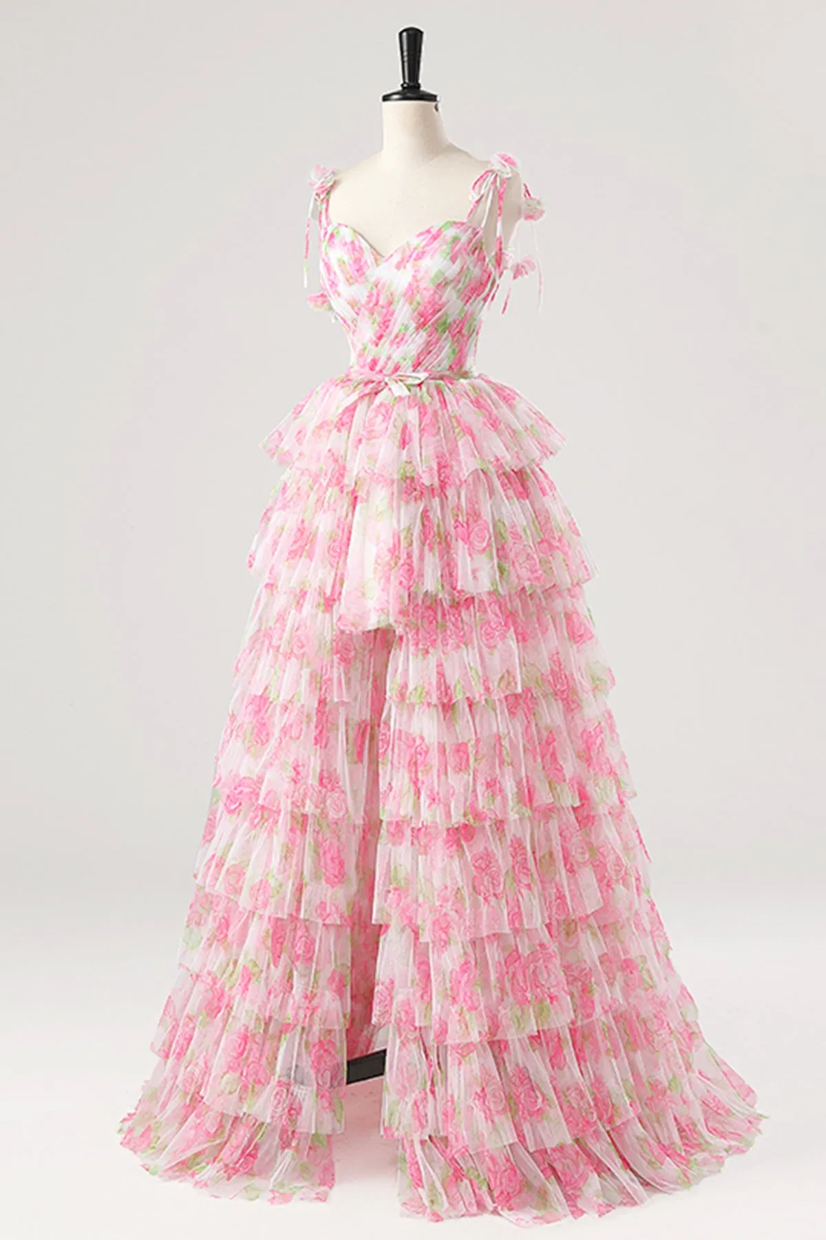 Pink Spaghetti Strap Rose Pattern Long Prom Dress with Removable Skirt