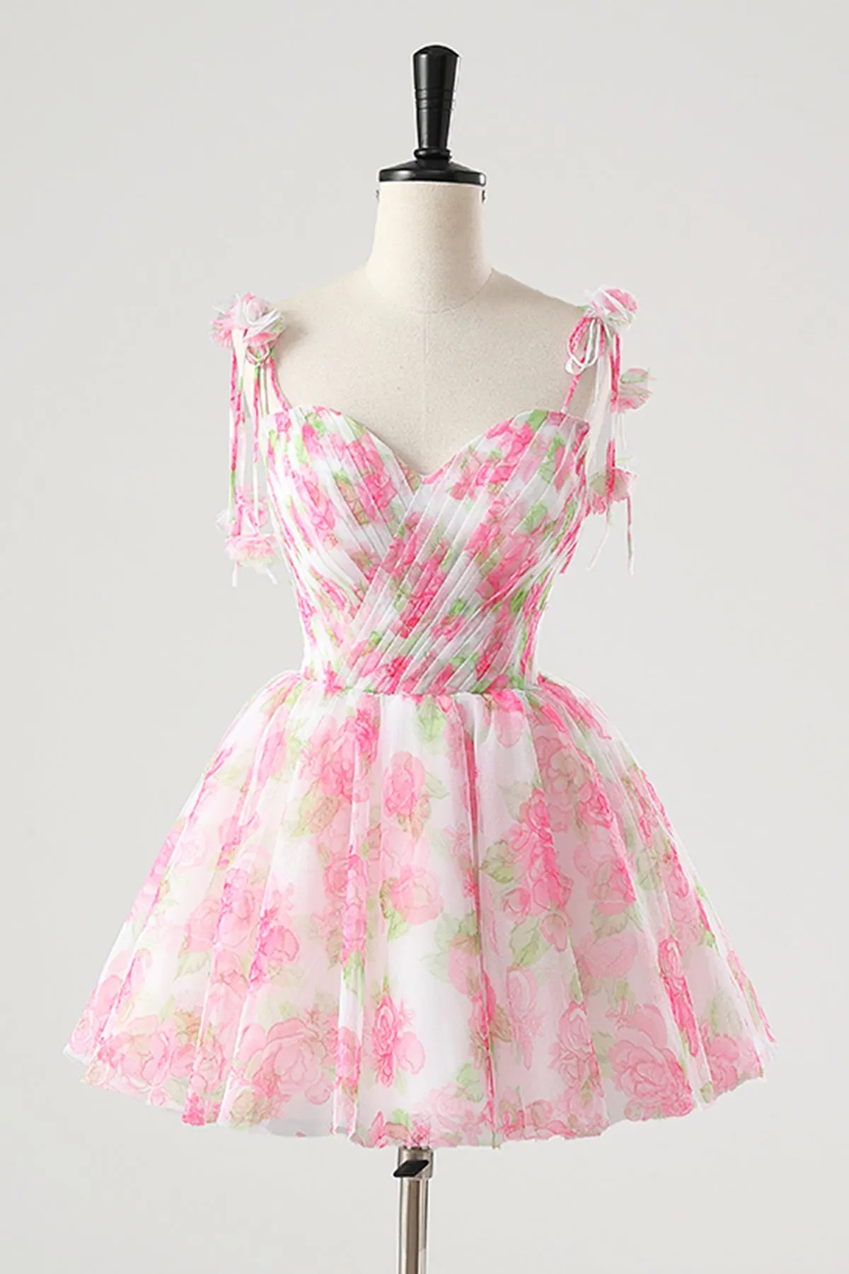 Pink Spaghetti Strap Rose Pattern Long Prom Dress with Removable Skirt