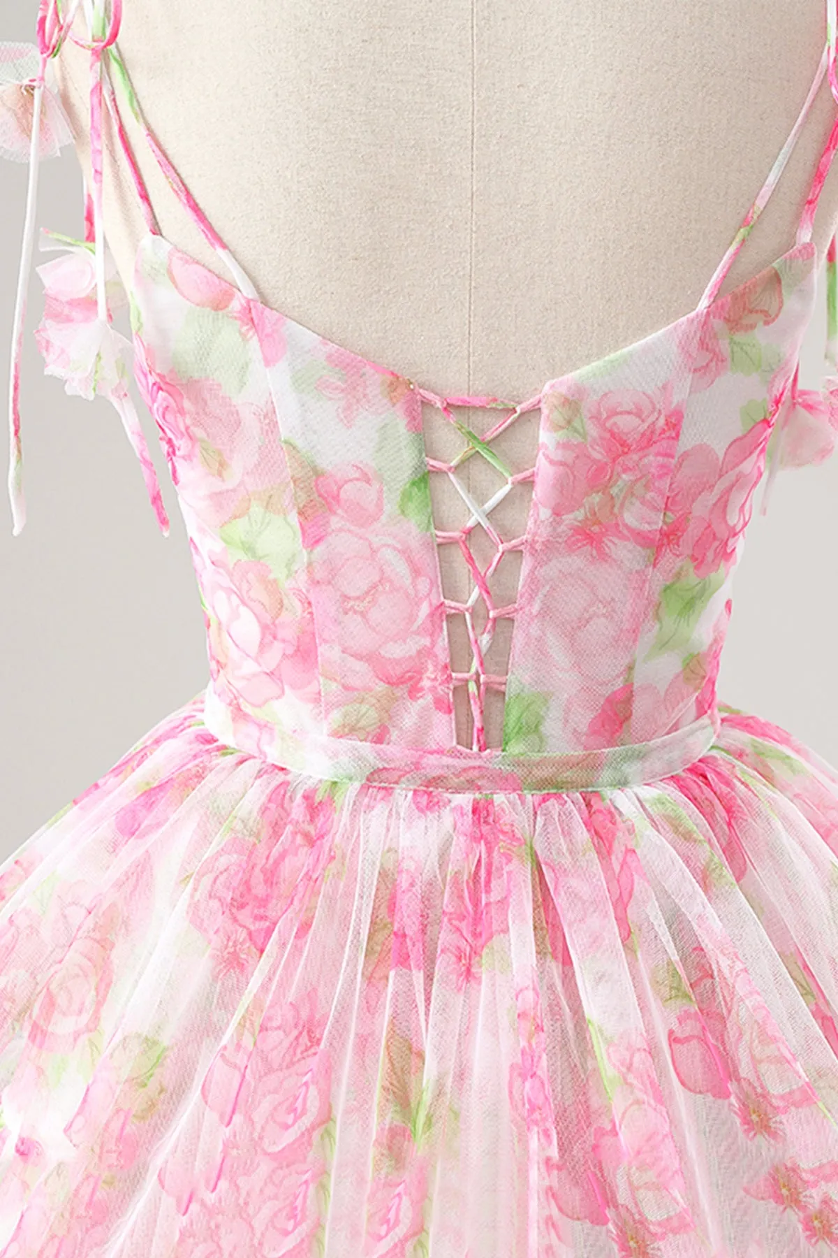 Pink Spaghetti Strap Rose Pattern Long Prom Dress with Removable Skirt