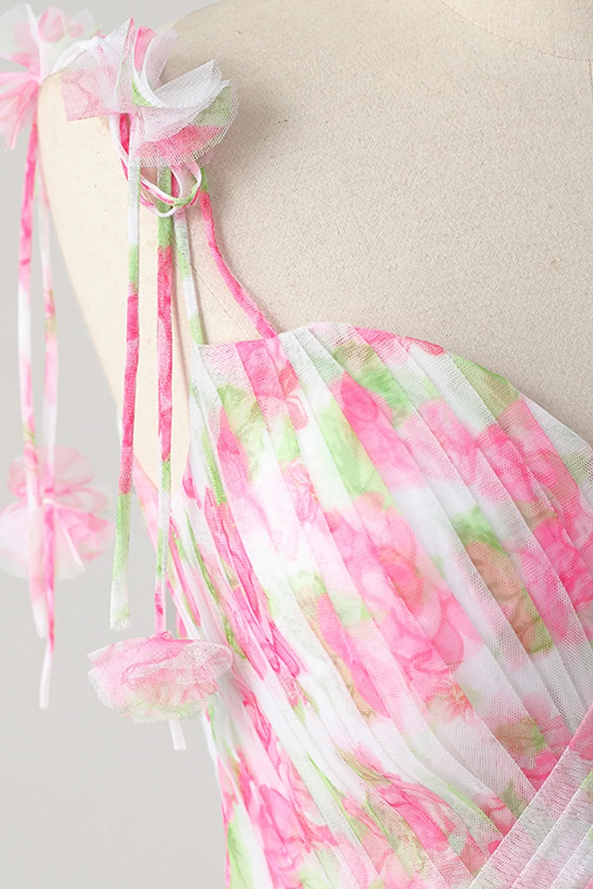 Pink Spaghetti Strap Rose Pattern Long Prom Dress with Removable Skirt