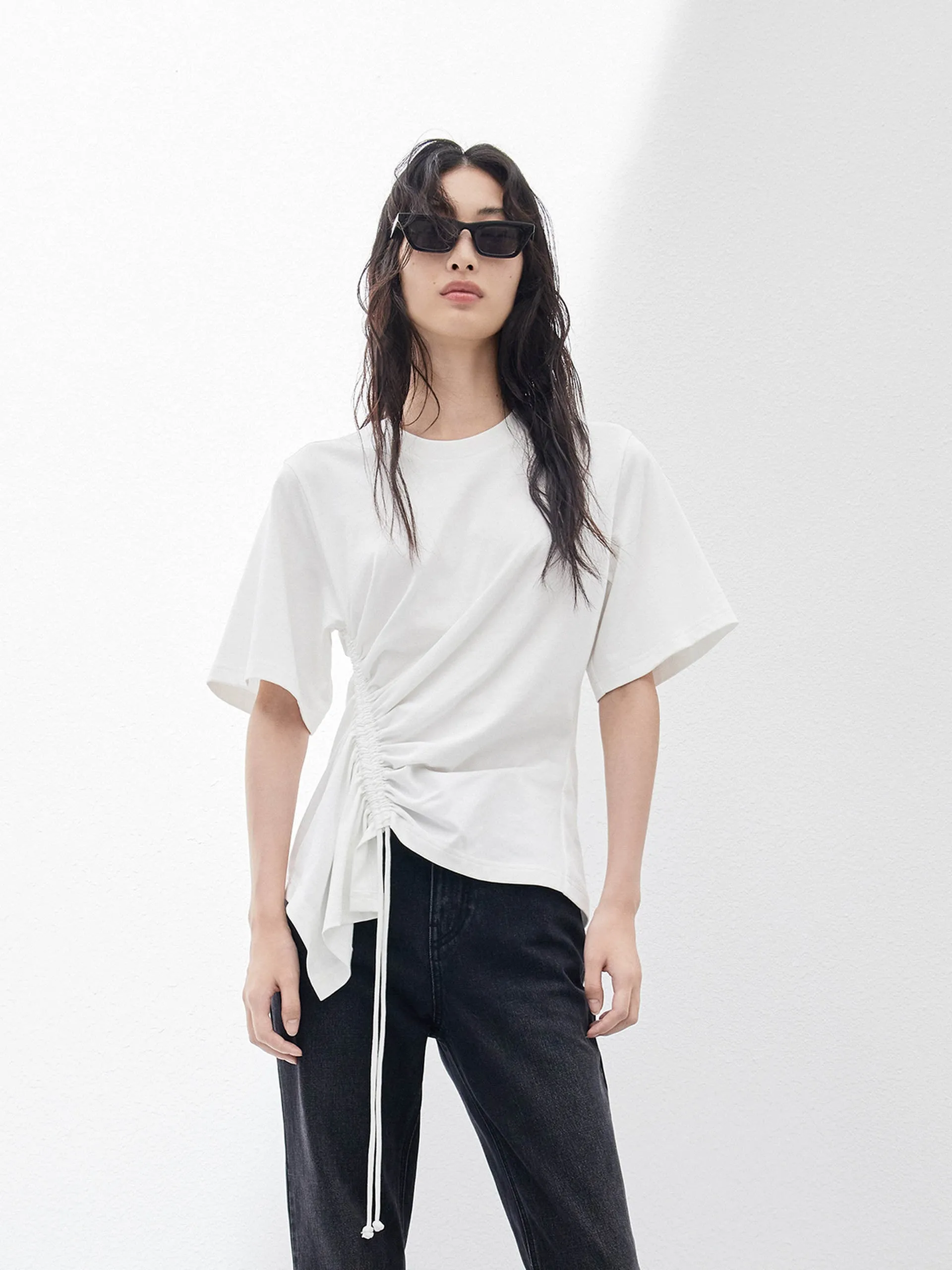 Pleated Cotton T-shirt with Drawstring