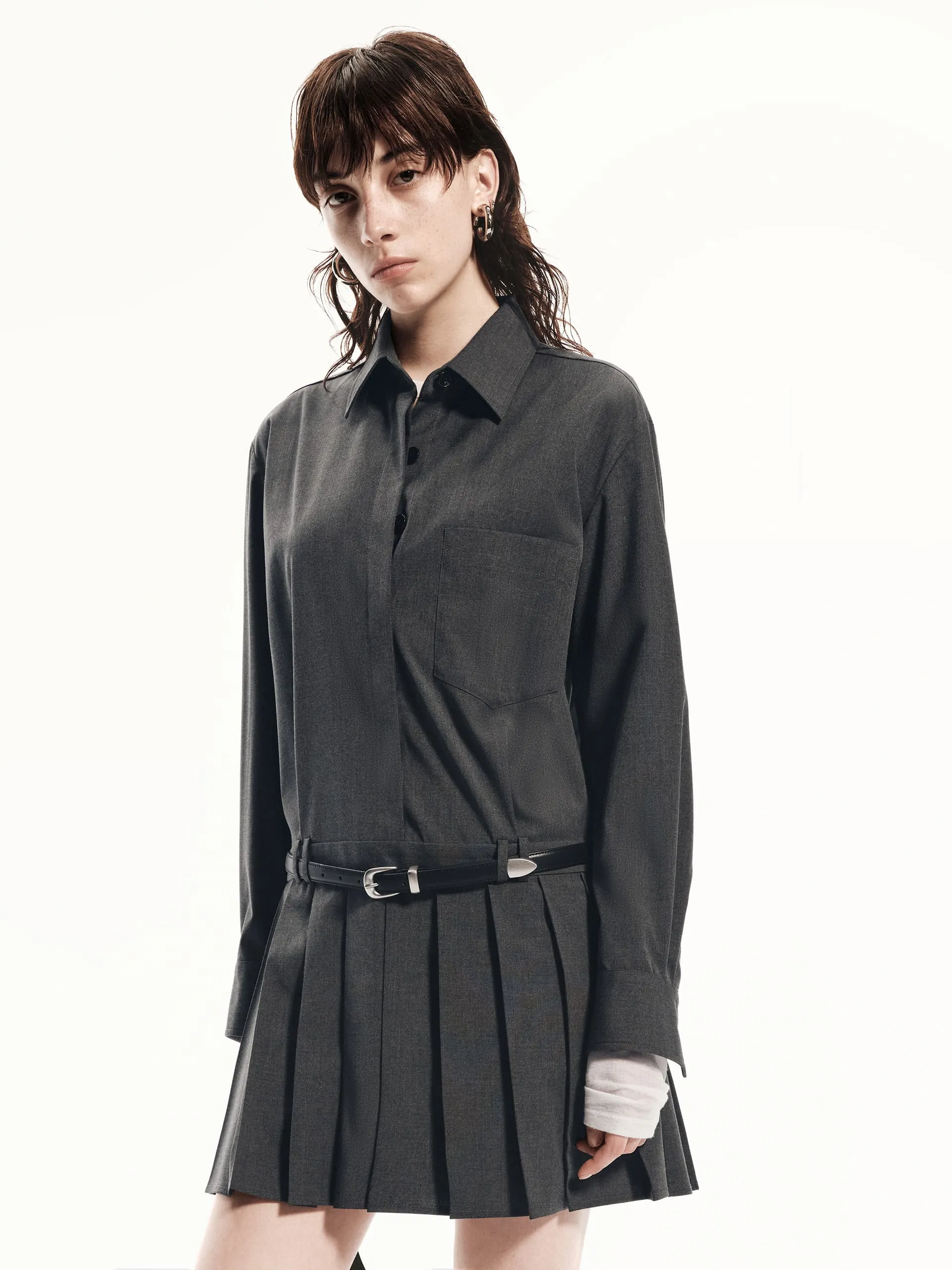 Pleated Mini Shirt Dress
