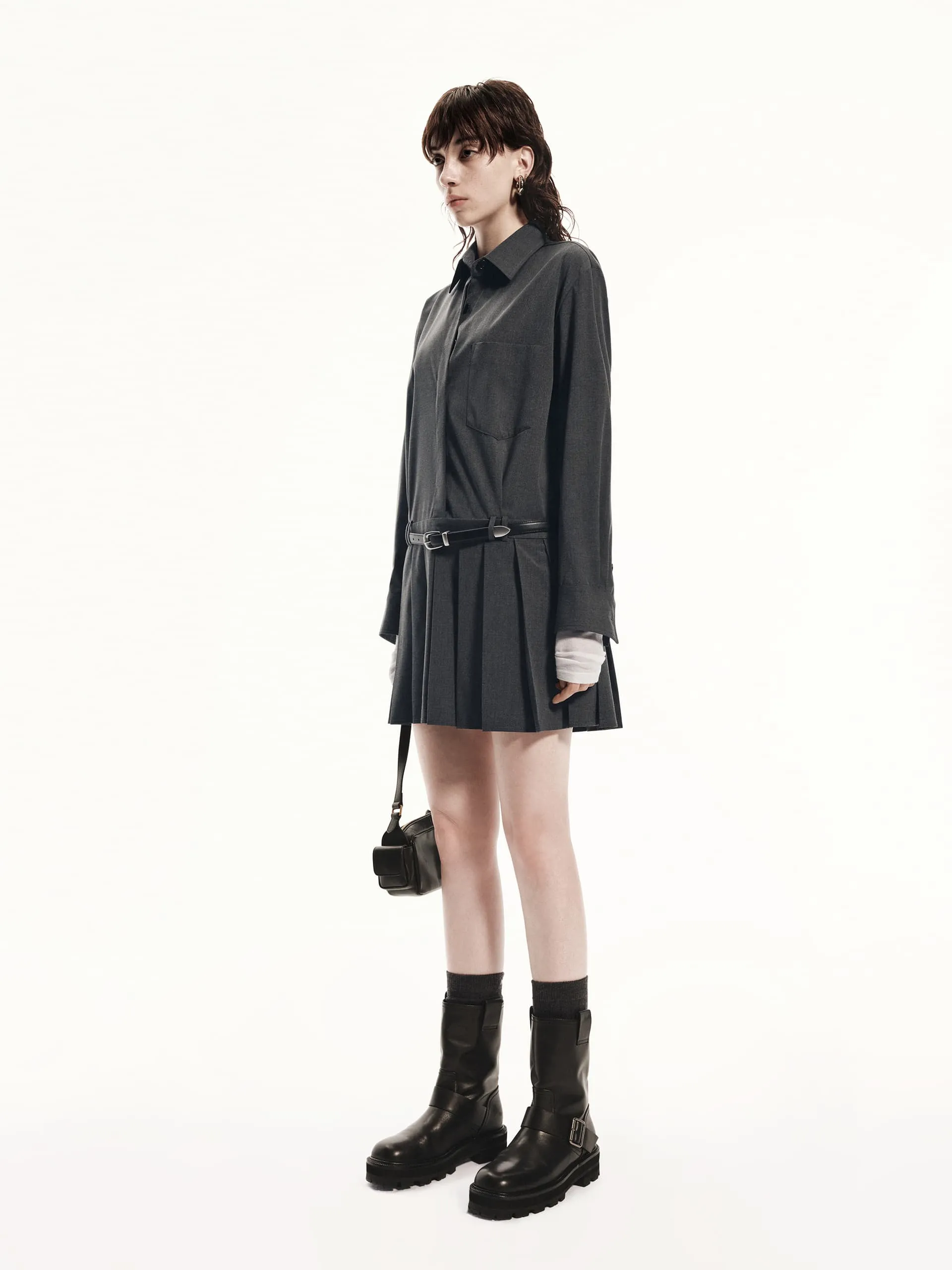 Pleated Mini Shirt Dress