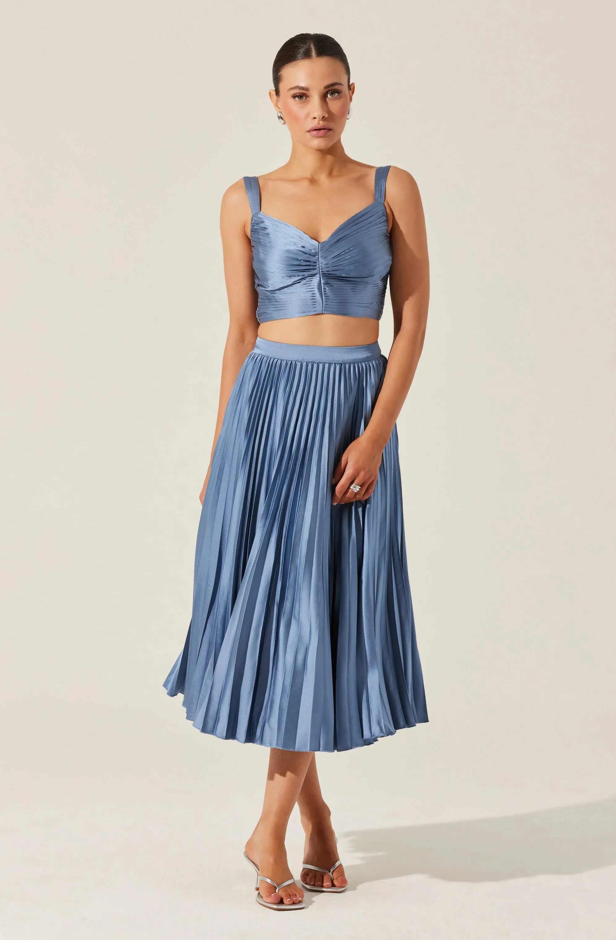 Pleated Satin Midi Skirt | Slate Blue