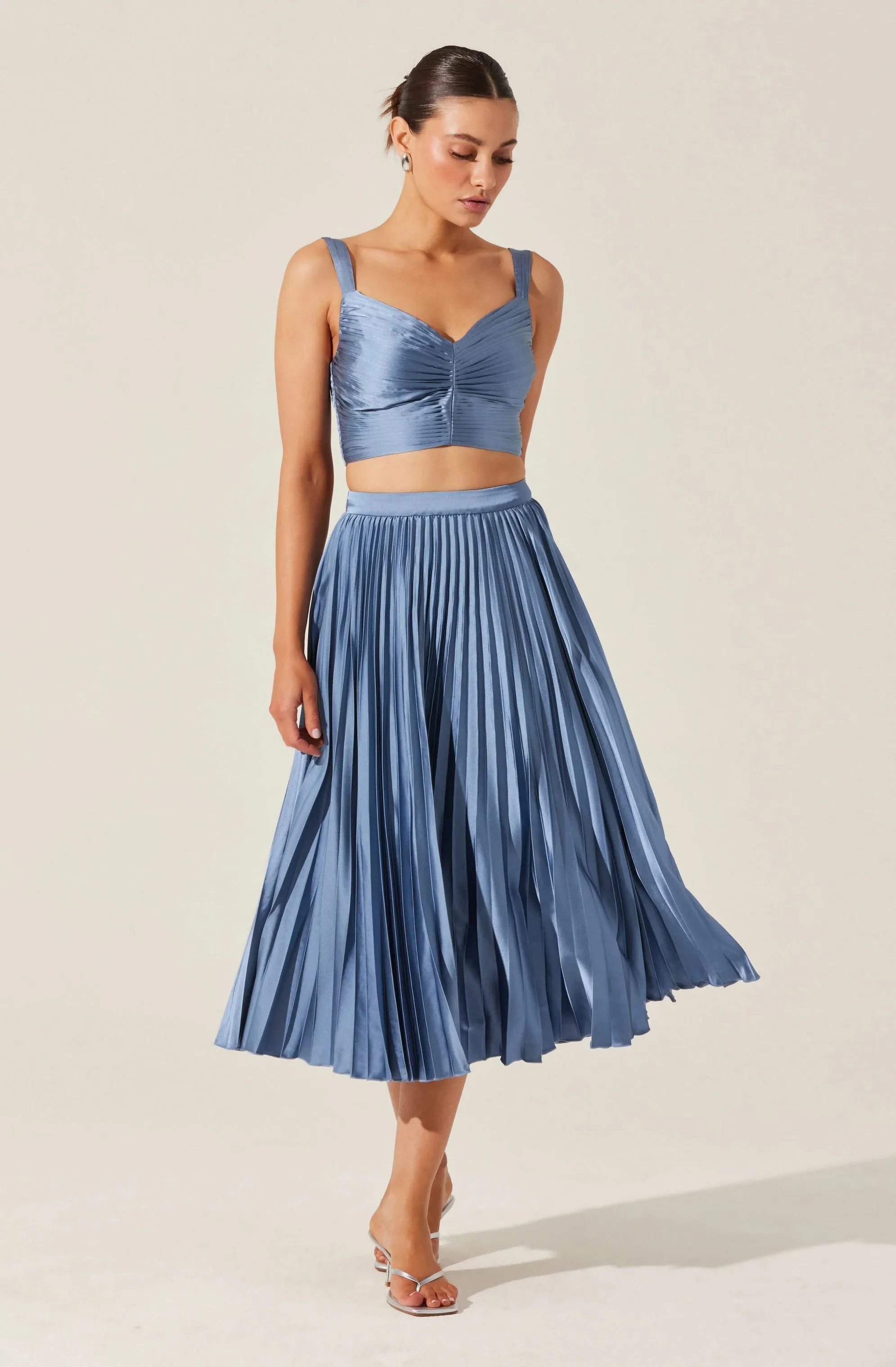 Pleated Satin Midi Skirt | Slate Blue
