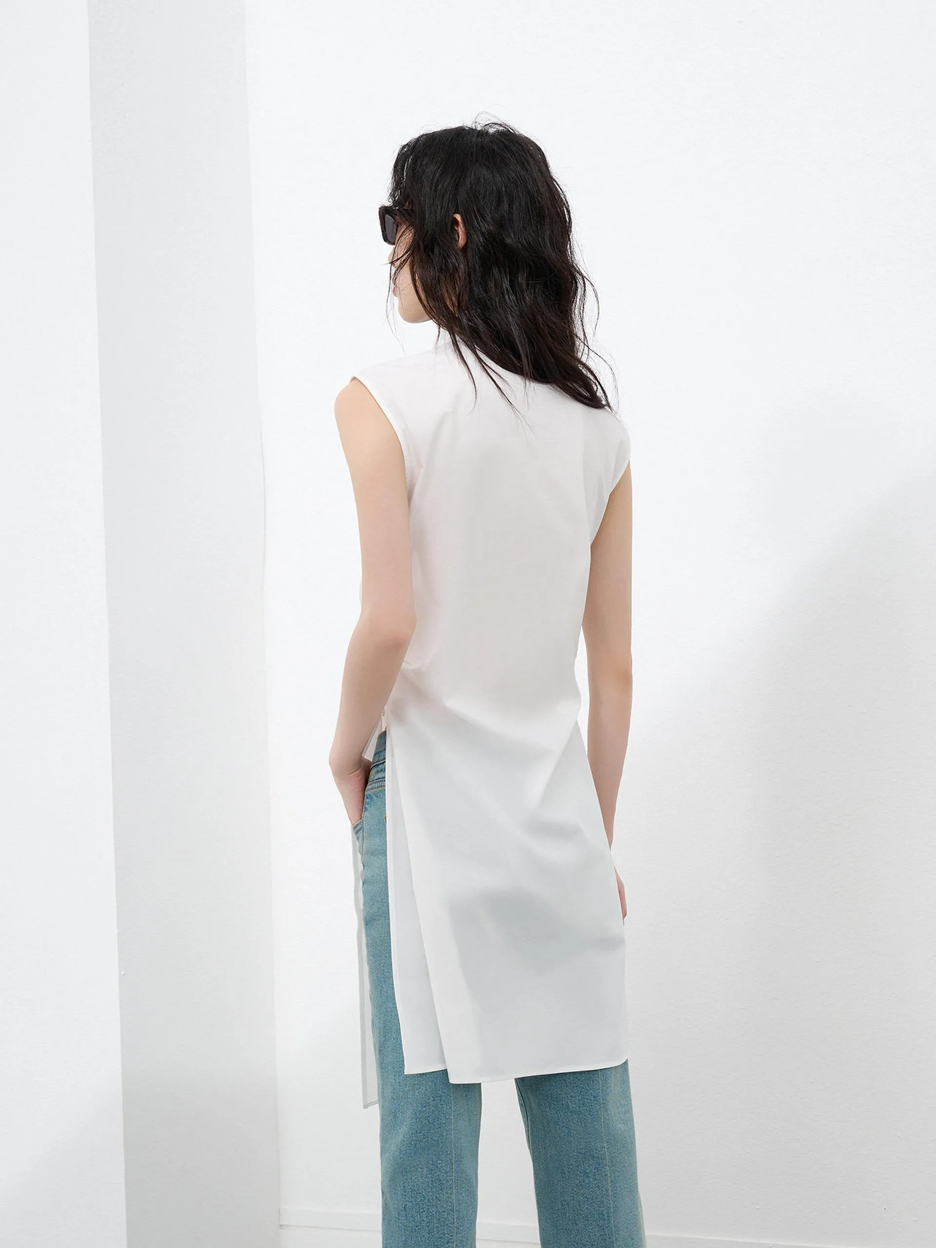 Pleated Slit Sleeveless Top
