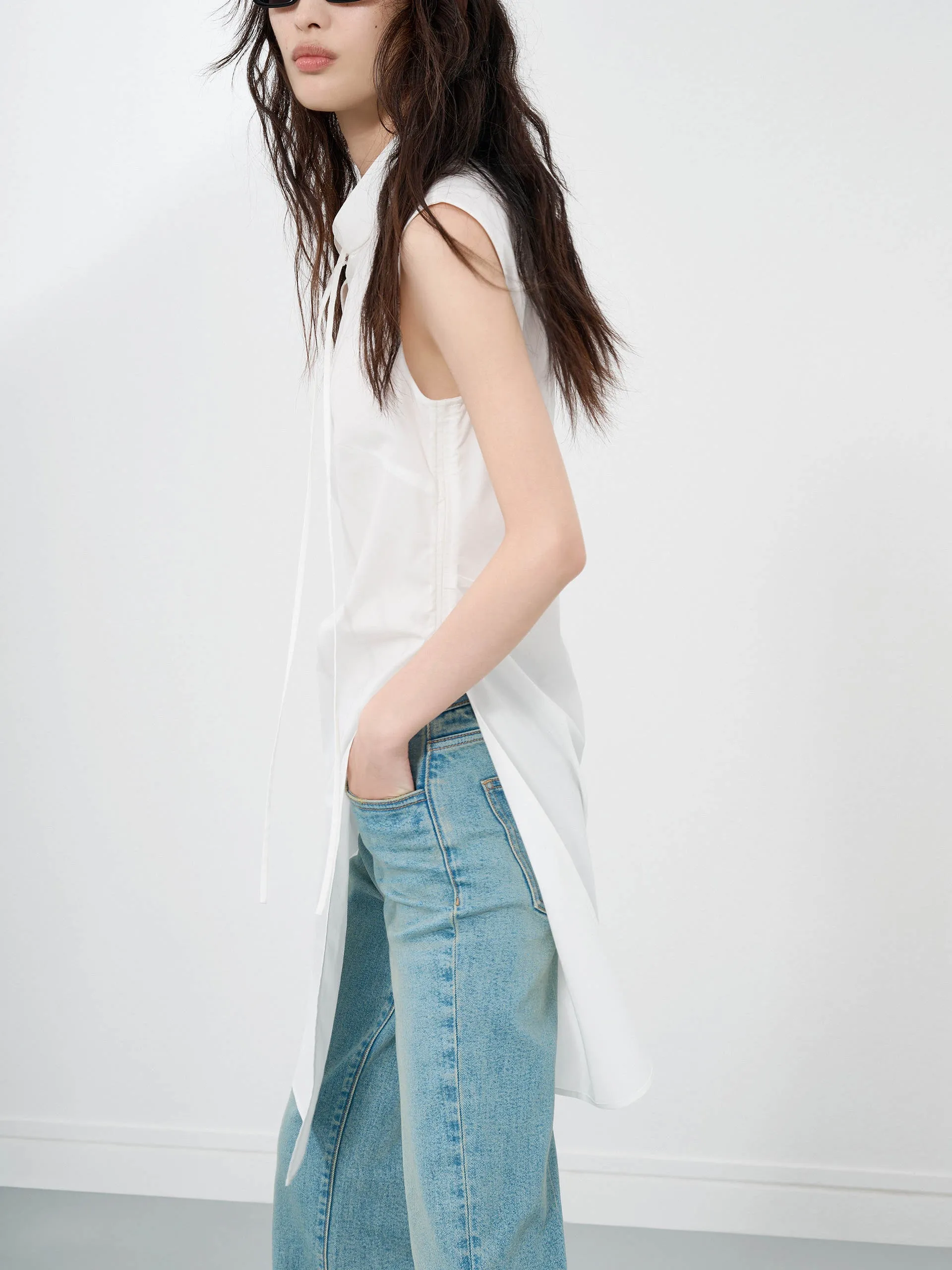 Pleated Slit Sleeveless Top