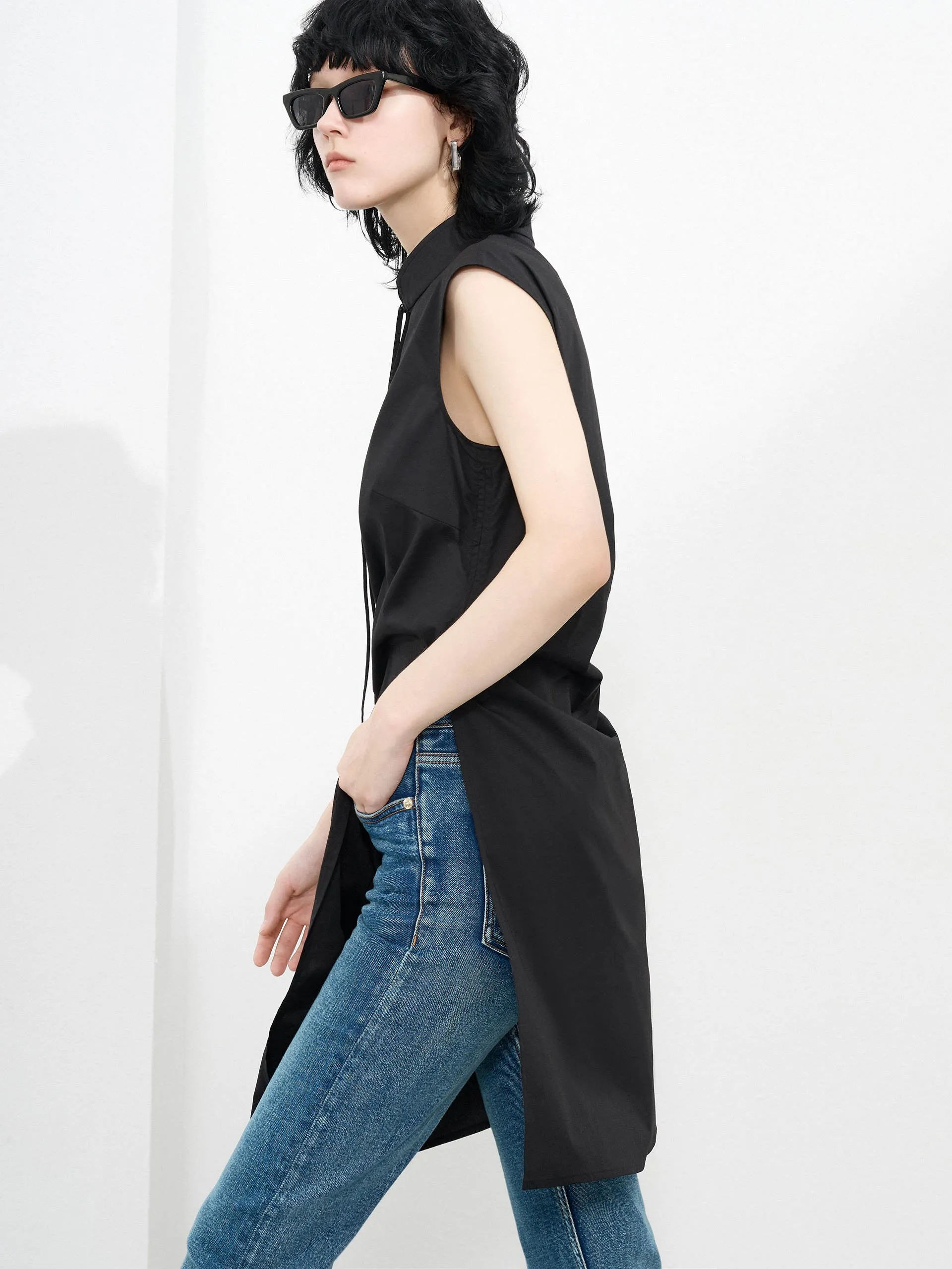 Pleated Slit Sleeveless Top